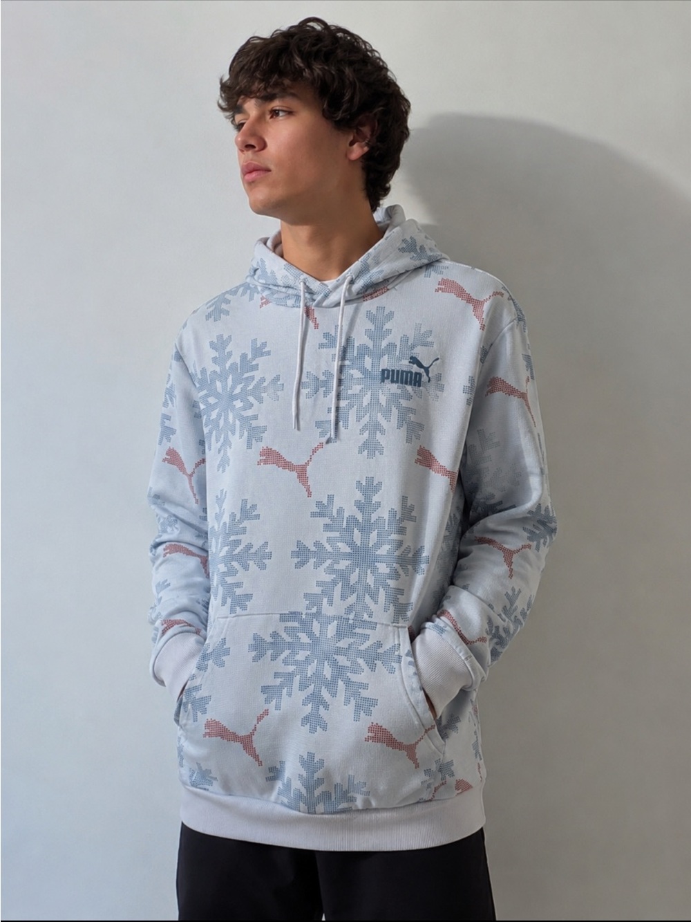 Puma Light Blue Hoodie with Red Puma & Snowflake Motif